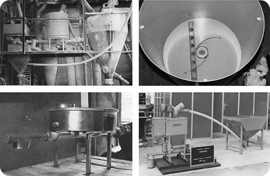 Transitube International vintage archive photos showing early powder transfer equipment including hoppers, agitators and flexible screw conveyor systems