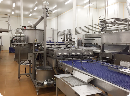 Transitube industrial food coating line in a production facility, 2026, featuring double drum coating system integrated with conveyor belts