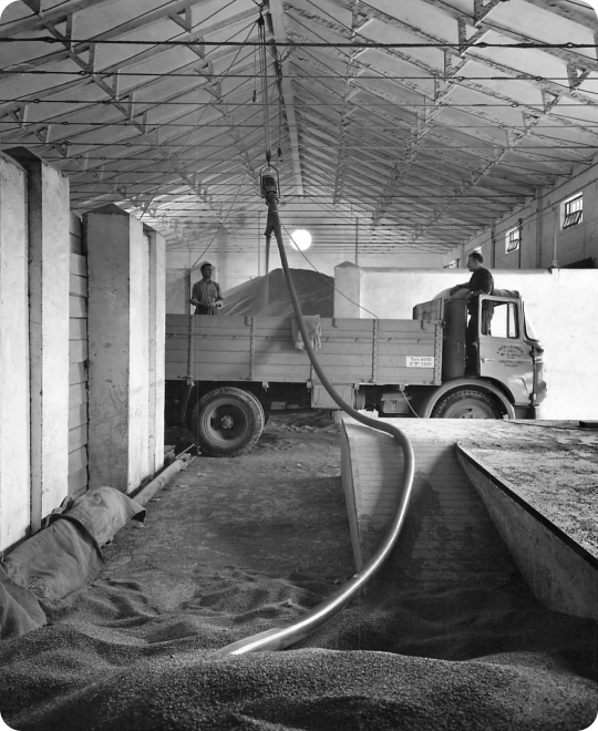 Early Transitube flexible screw conveyor system in operation in 1961, transferring bulk powder from a truck into a warehouse